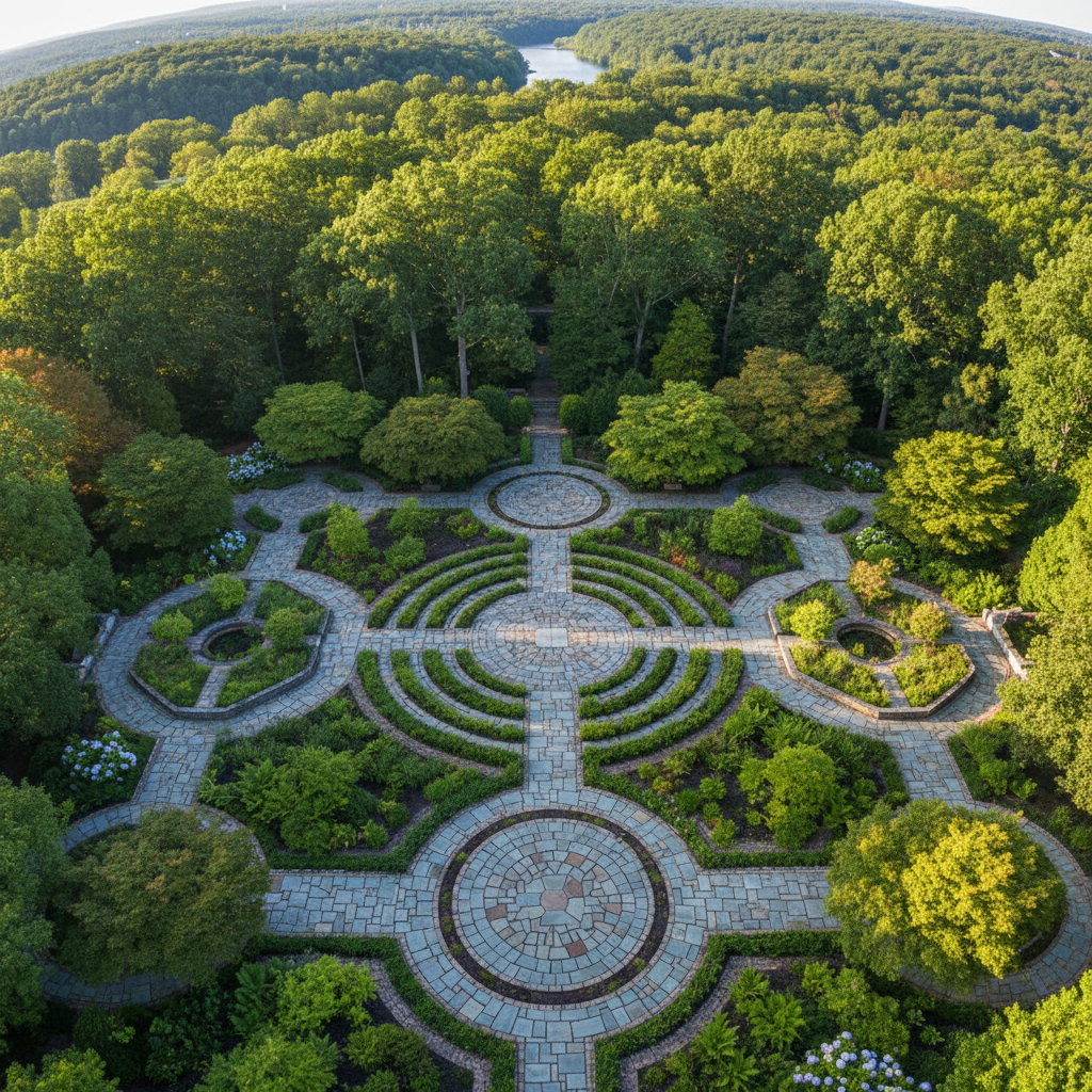 Aerial view of a bluestone terrace garden with mature tree canopy and geometric stone pathways