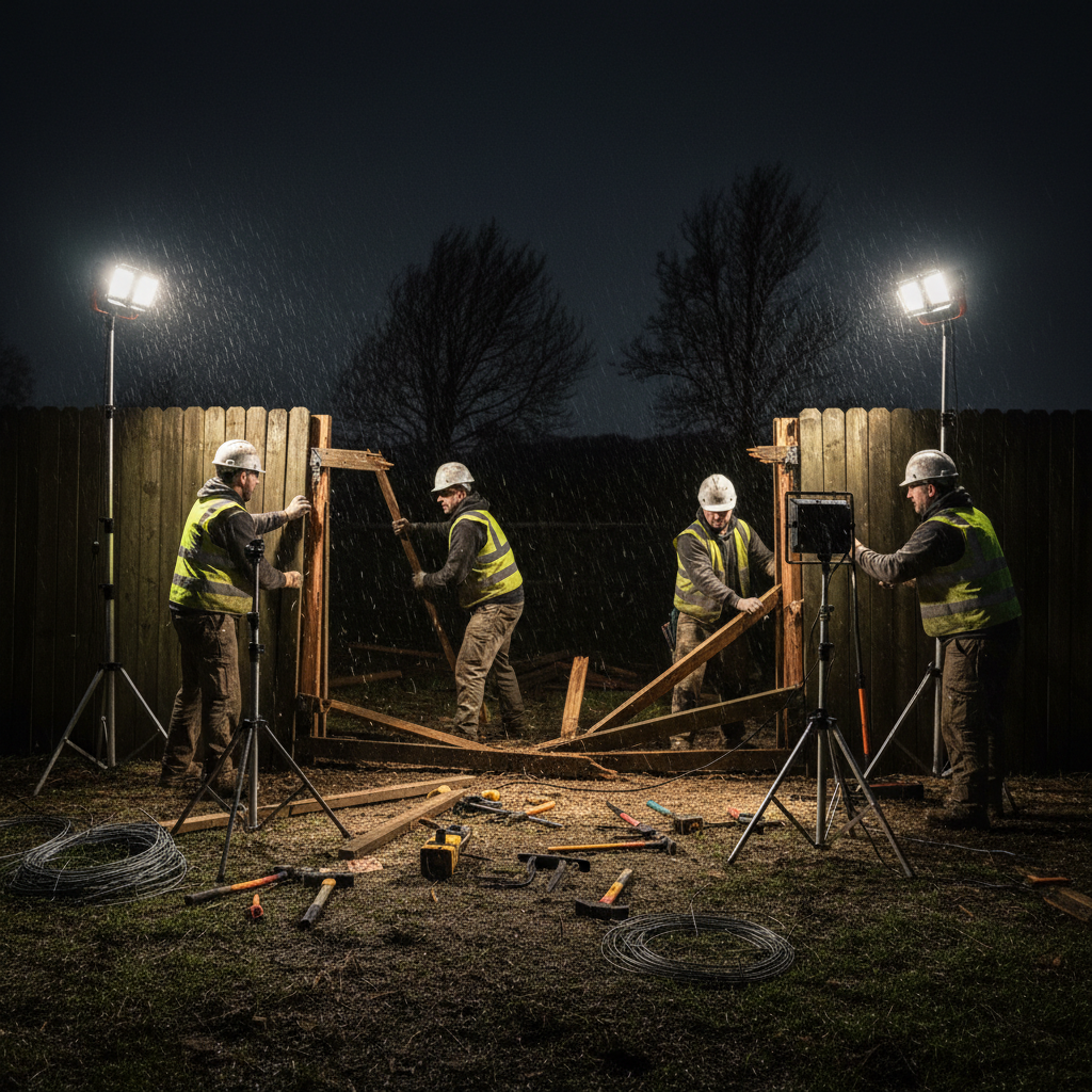 Emergency response team arriving at storm-damaged property at night with work lights and equipment