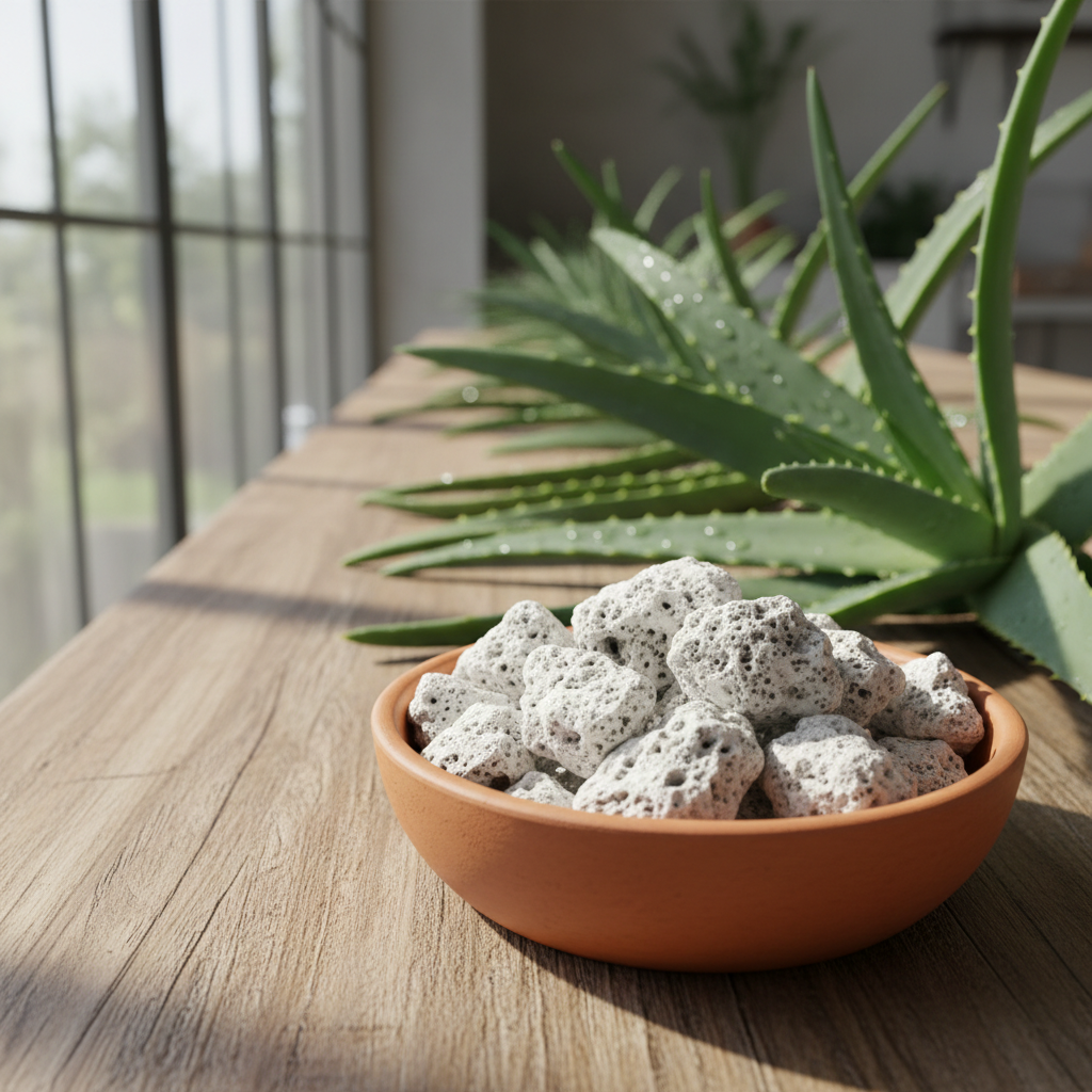 White pumice stones in a terracotta dish beside a row of aloe plants