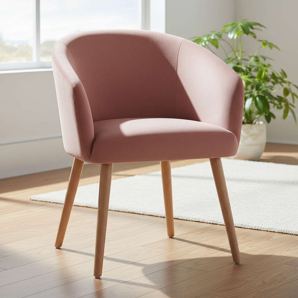Bright living room with dusty rose velvet loveseat and gold-legged side table