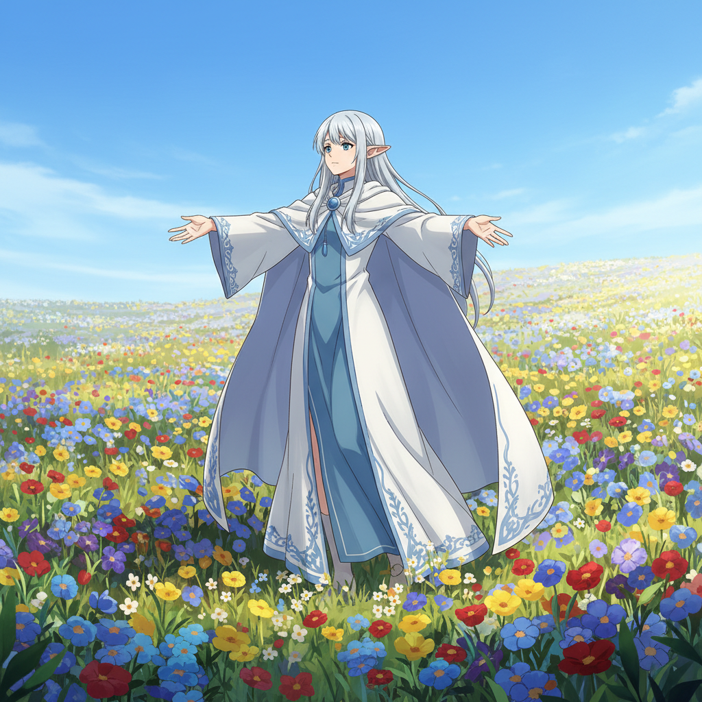 Frieren elf mage standing in magical forest with glowing particles
