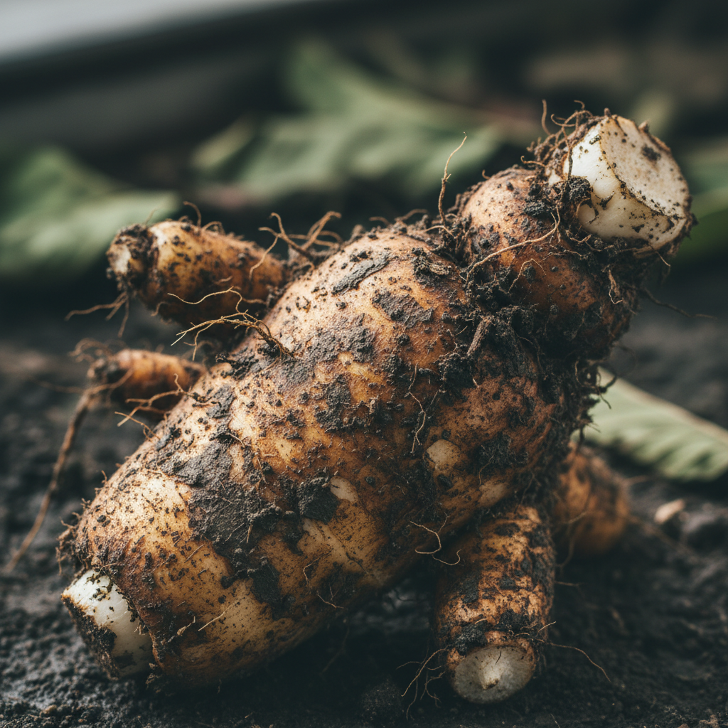 Whole lotus root, muddy and imperfect with earthy skin still attached