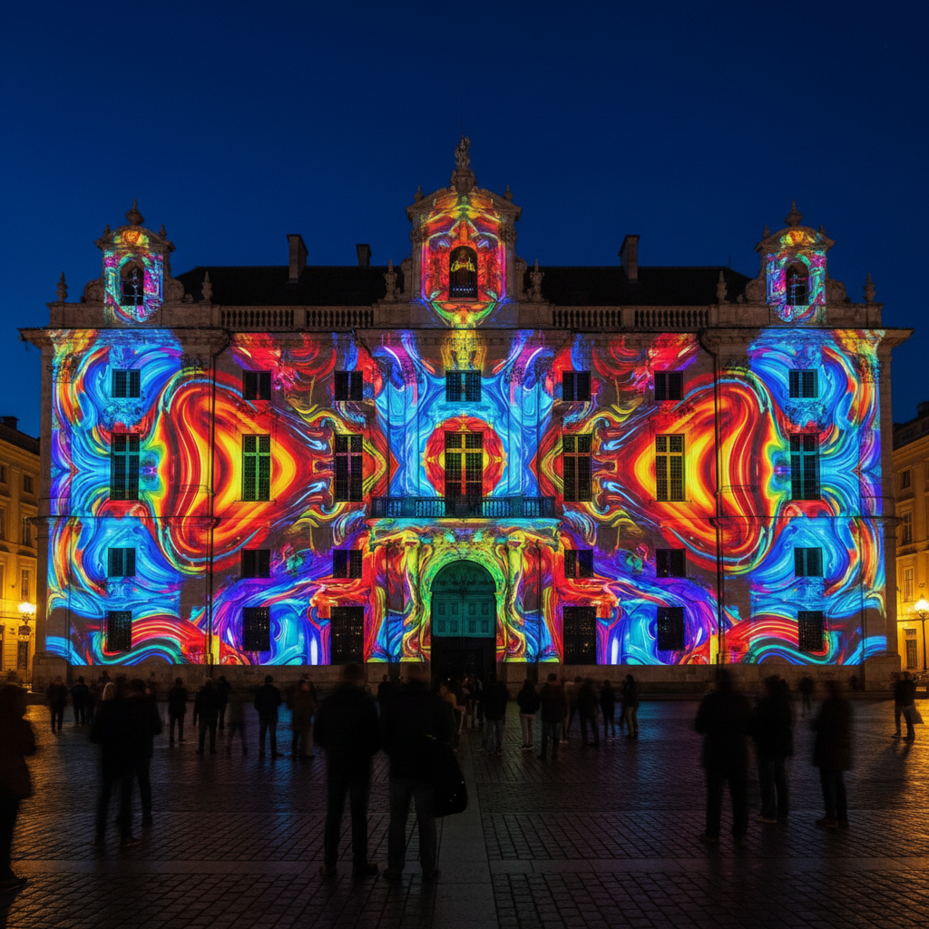 Wide shot of a large building covered in a projection mapping display with vivid colors at night during SXSW Austin