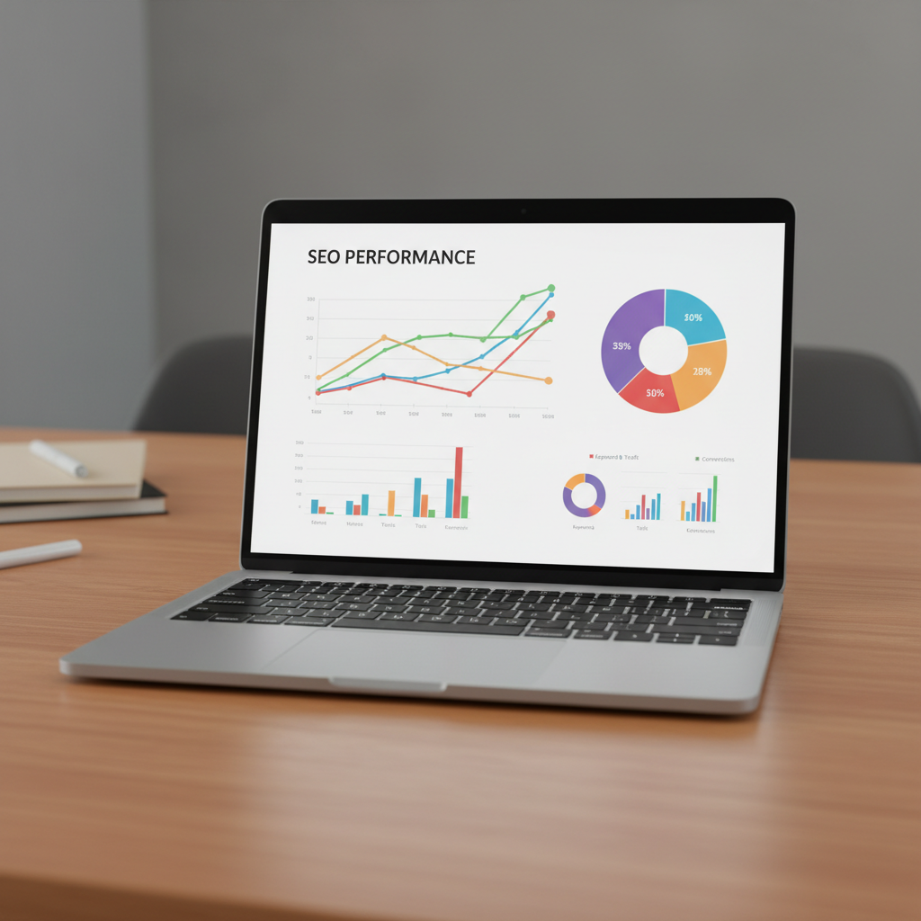SEO performance graphs and metrics on bright monitor screen, clean workspace