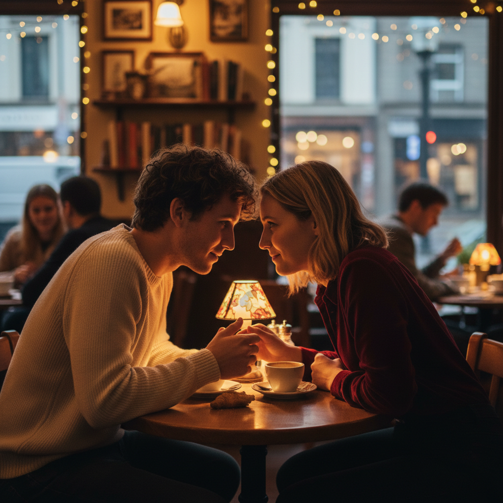 Two people in a deep conversation at a coffee shop, attentive expressions, warm ambient lighting