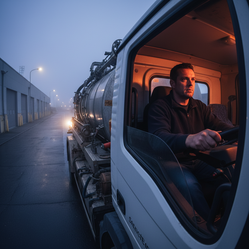 Jerome Jansen in the cab of a Drain vacuum tanker at predawn, headlights on, about to pull out for an emergency callout on a Durbanville smallholding