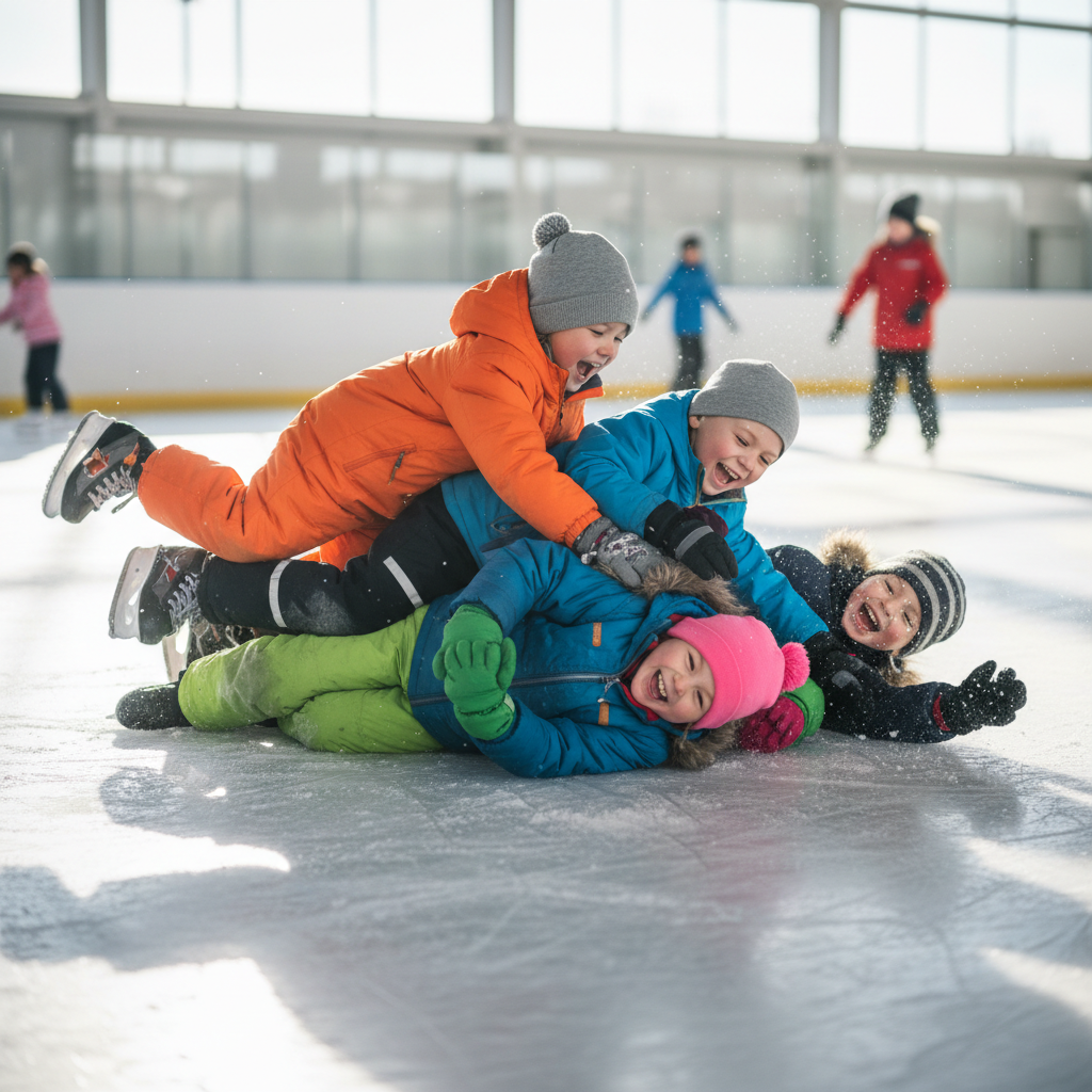 Group of children laughing and falling together on the ice rink