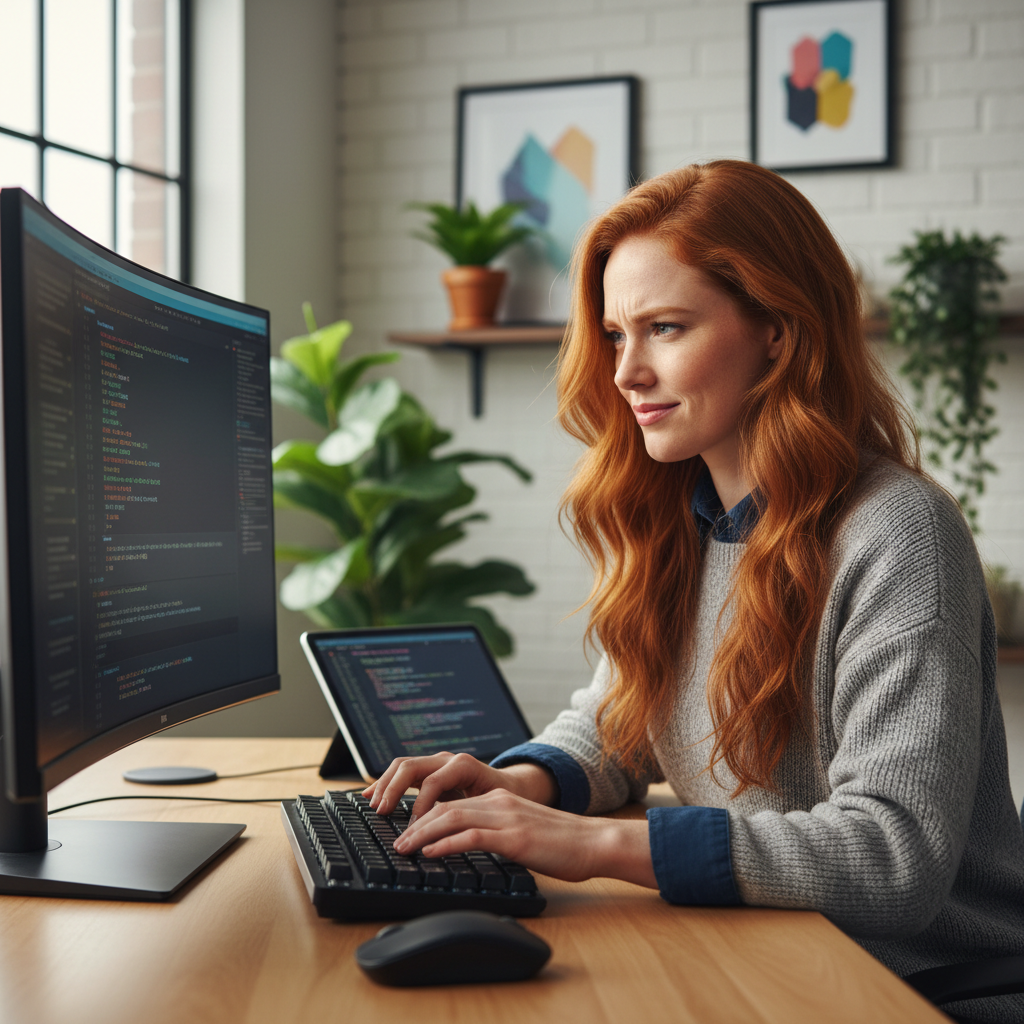 Caitlin O'Reilly, agency developer with red hair in a modern studio setting