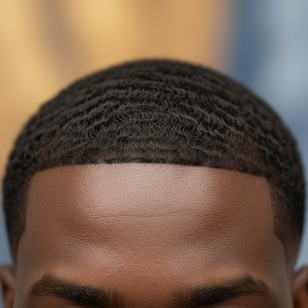 Sharp hairline lineup with razor tool, close up of clean edge up on dark skin
