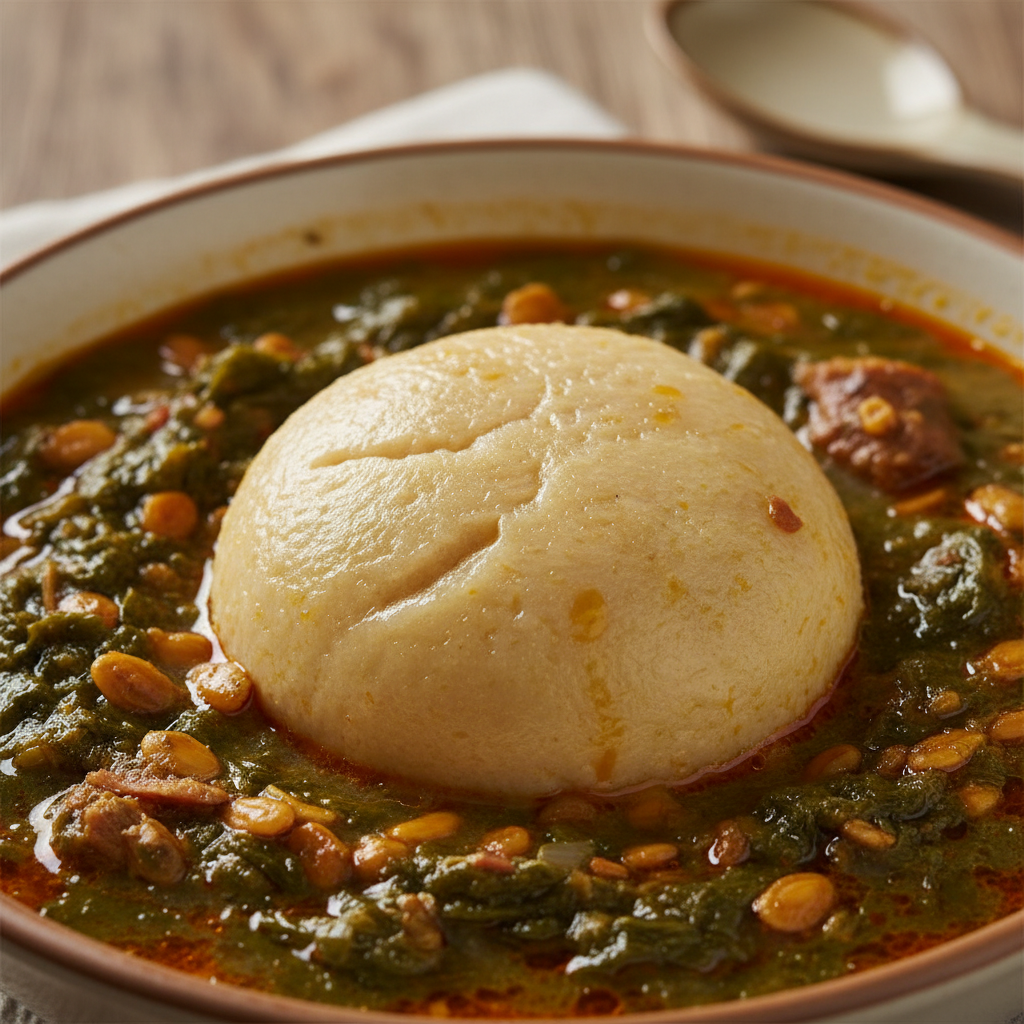 Close-up of fufu ball in egusi soup, rich green broth with melon seeds and palm oil