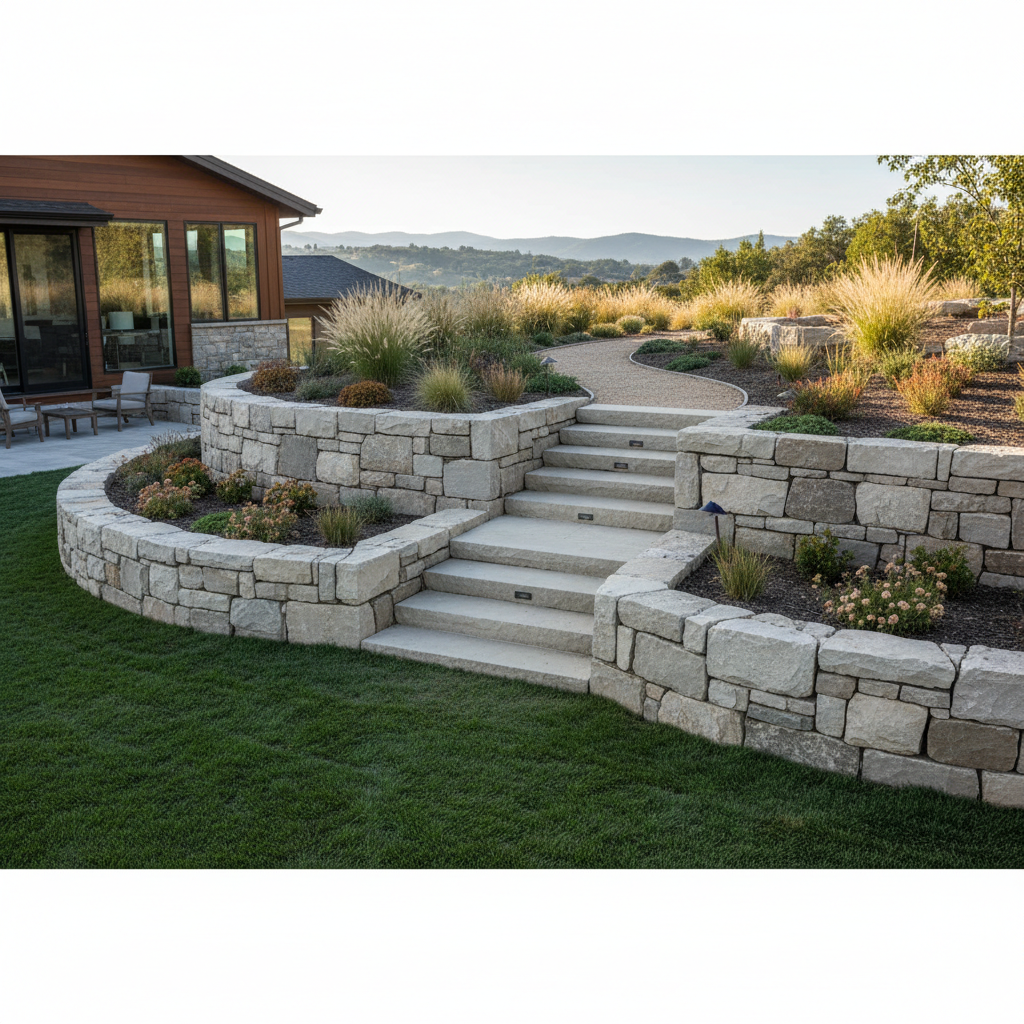 Completed dry-stack limestone retaining wall system with integrated step access on sloped lot