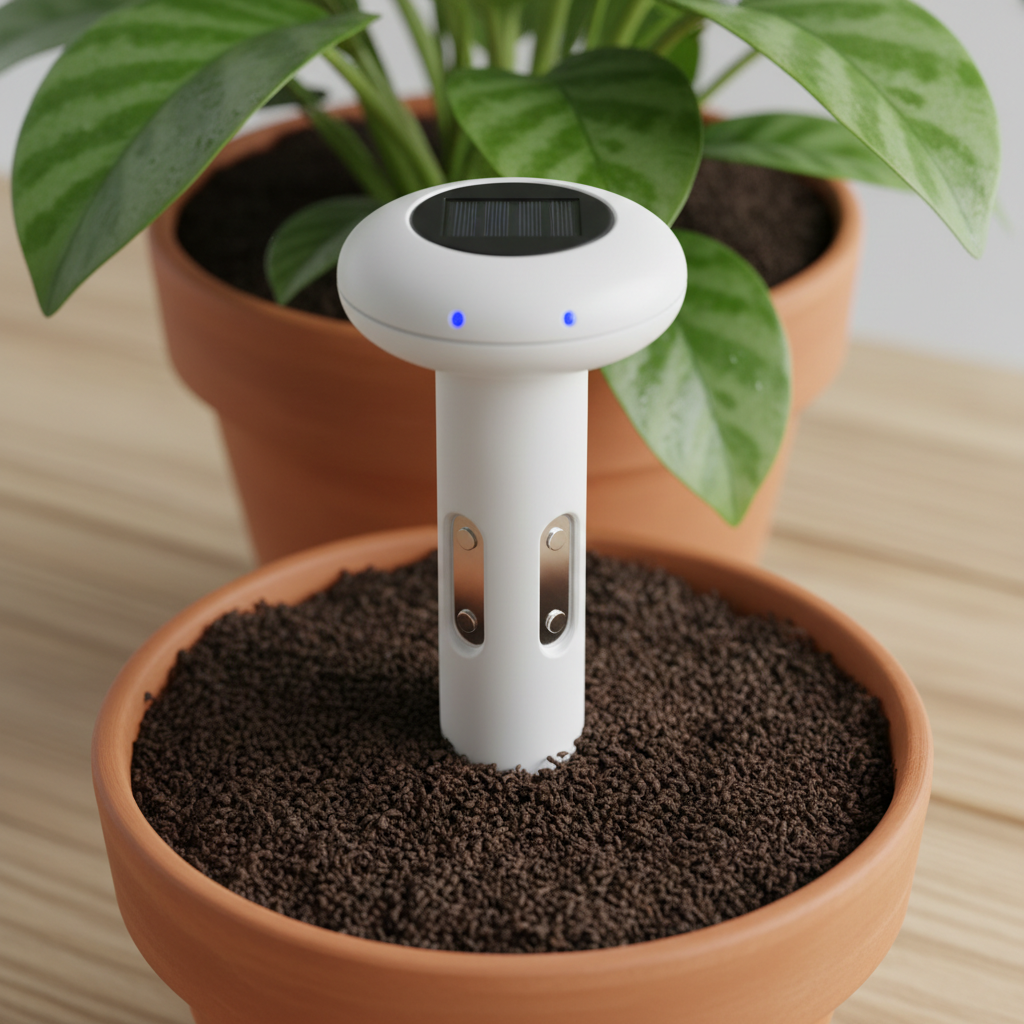 White soil moisture sensor probe inserted into dark soil in a garden bed, small LED indicator glowing green