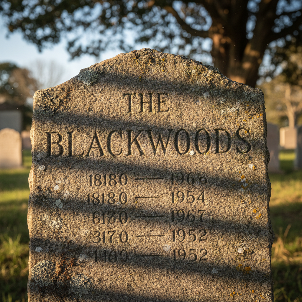 Engraved family name in weathered stone with decades of dates, late afternoon sunlight raking across the carved letters