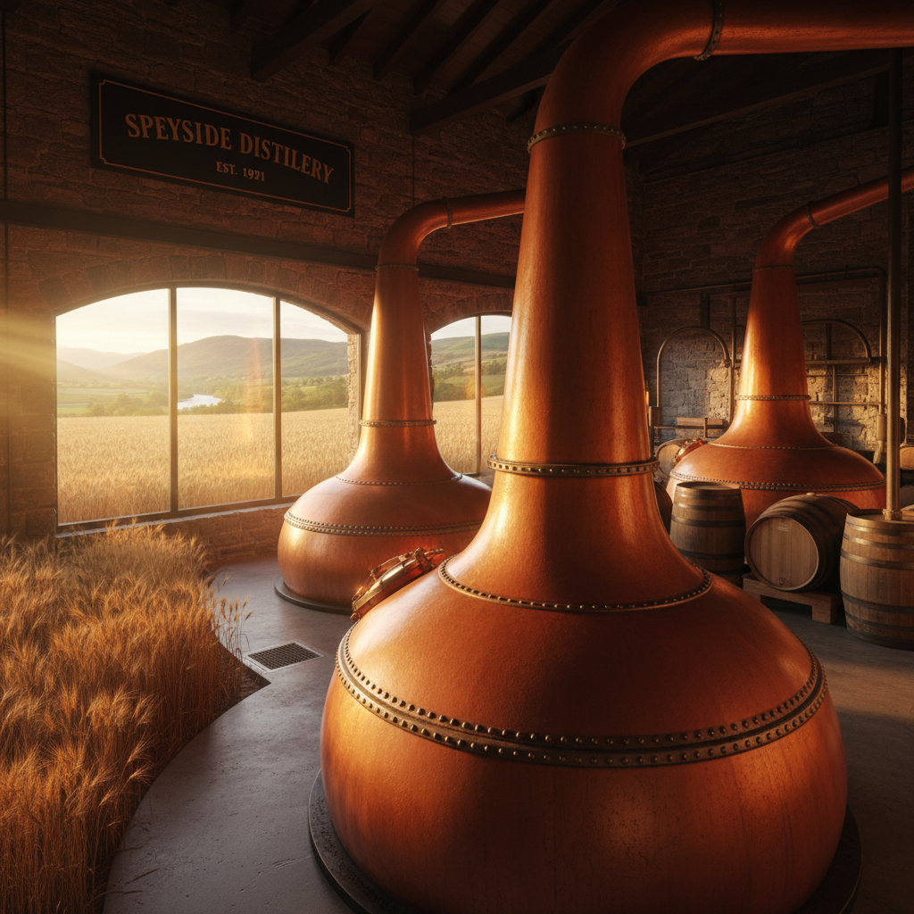 Whiskey distillery copper stills with warm amber lighting and steam