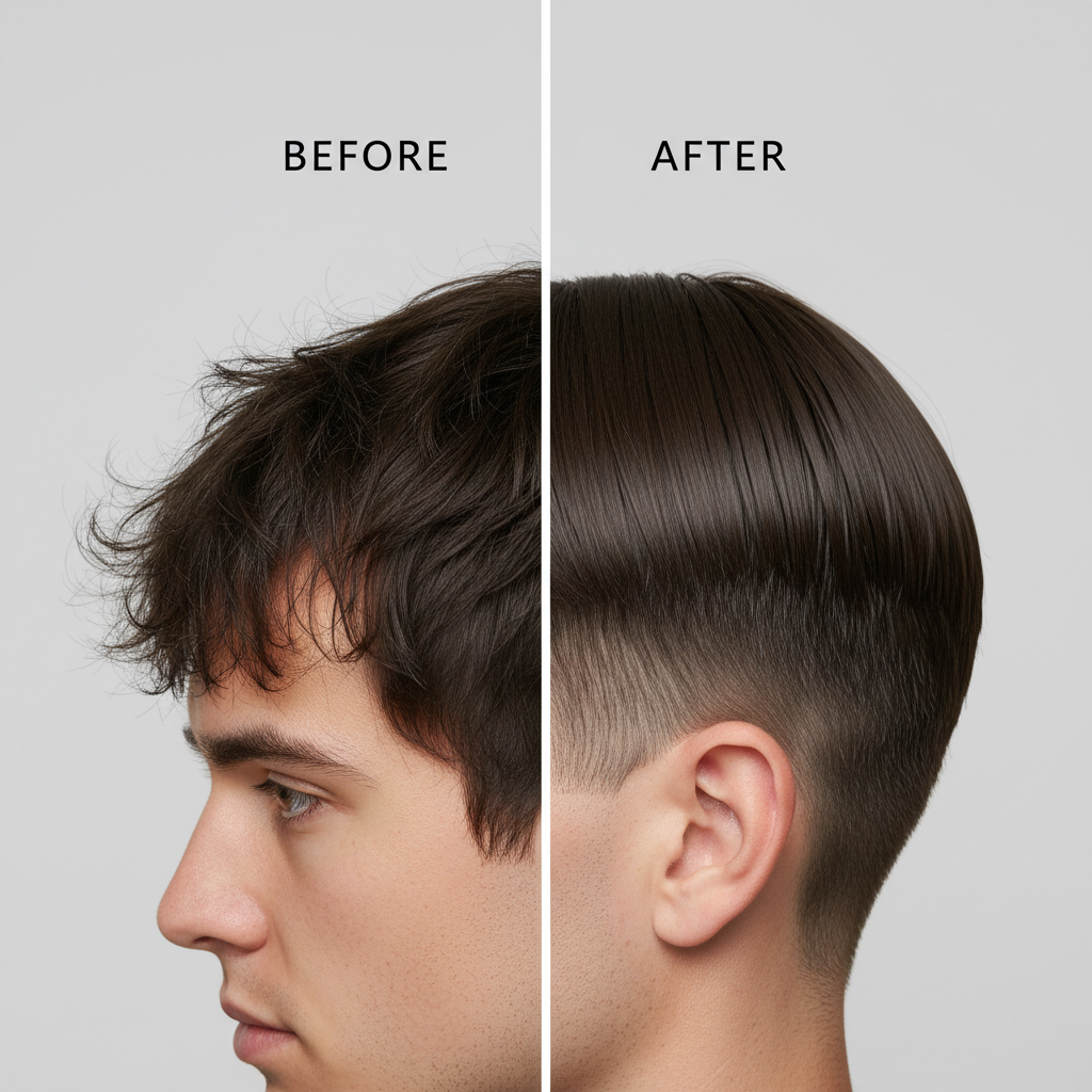 Client after a haircut transformation with neat side part