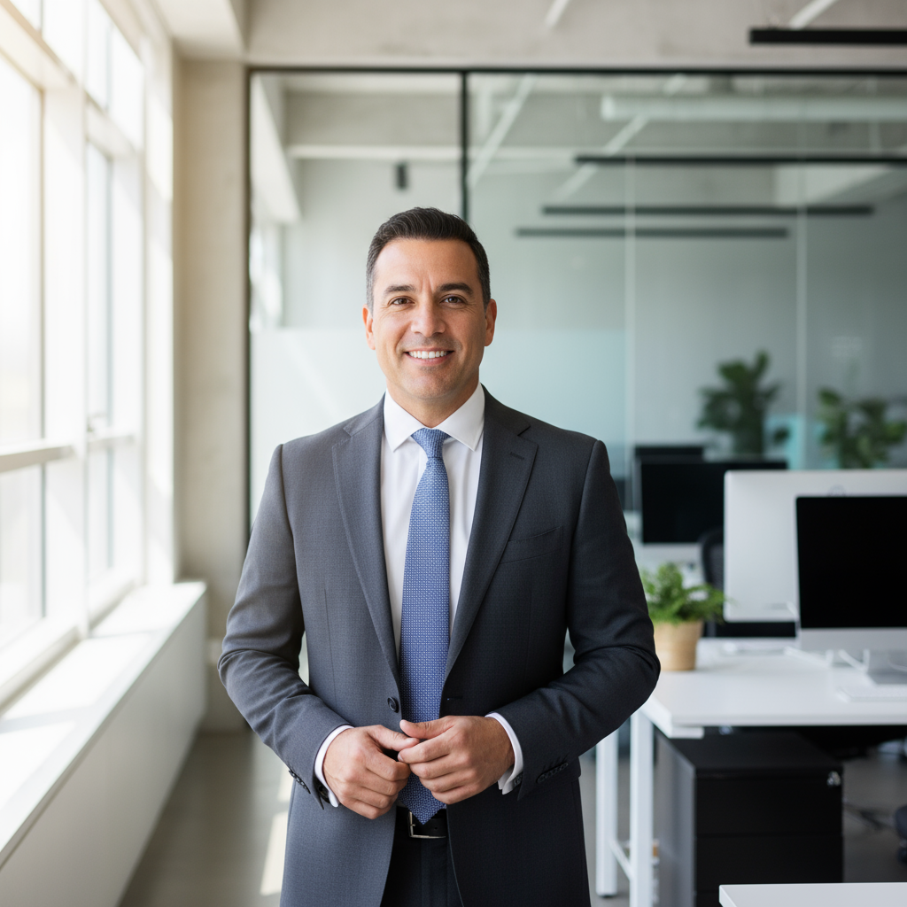 Professional CEO with confident expression, modern corporate office background, Panama
