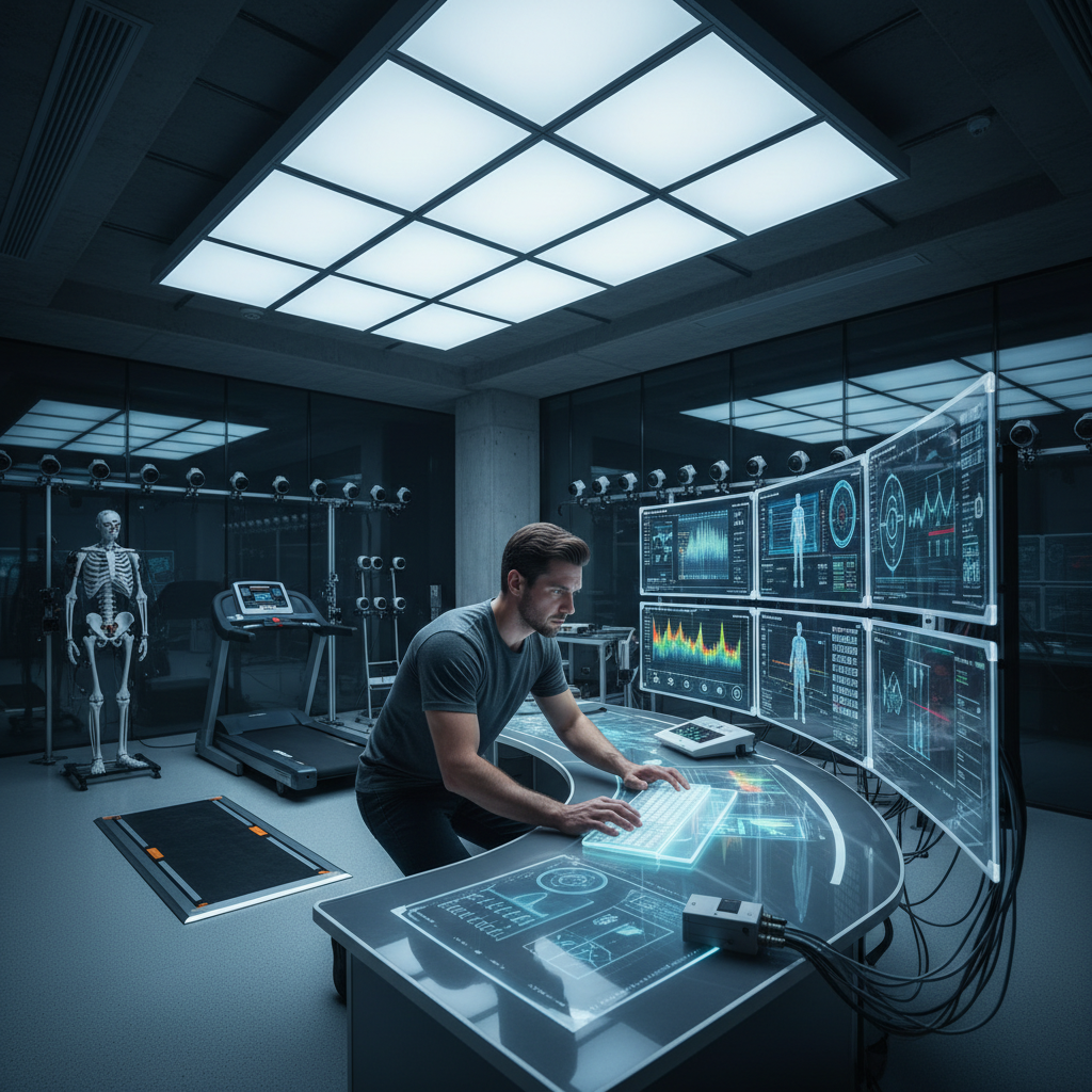 Sports scientist analyzing athlete performance metrics on digital dashboard in modern sports facility
