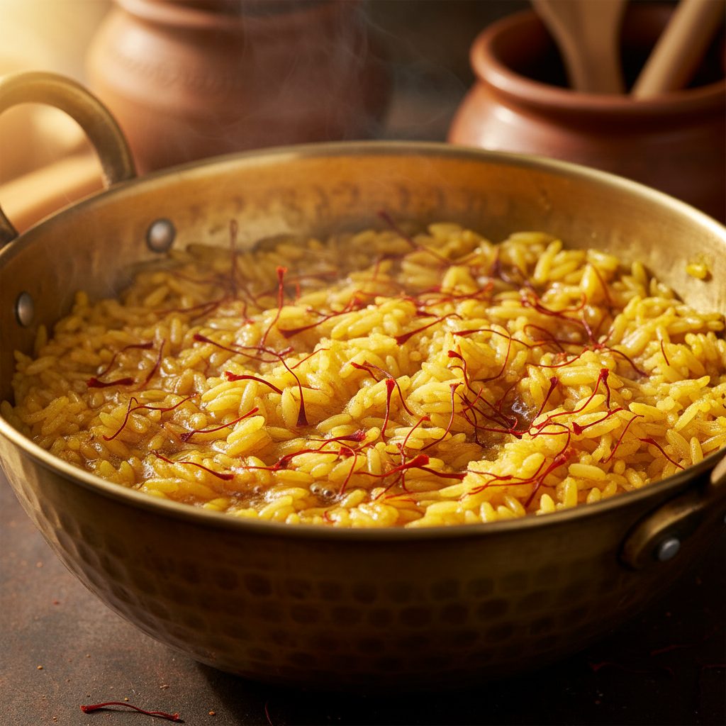 Saffron threads dissolving into golden rice in a large brass cooking vessel