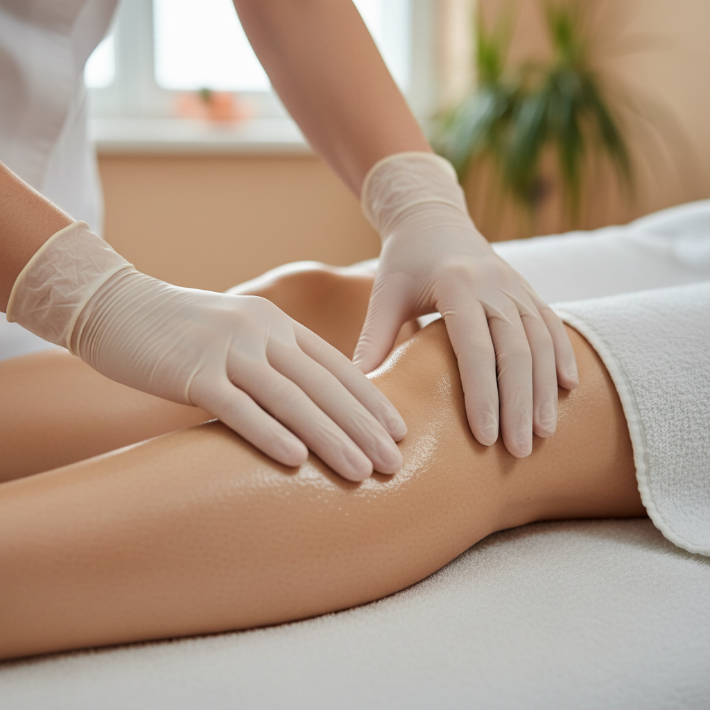 Therapist performing gentle lymphatic drainage massage on a client's legs in a calm, well-lit treatment room
