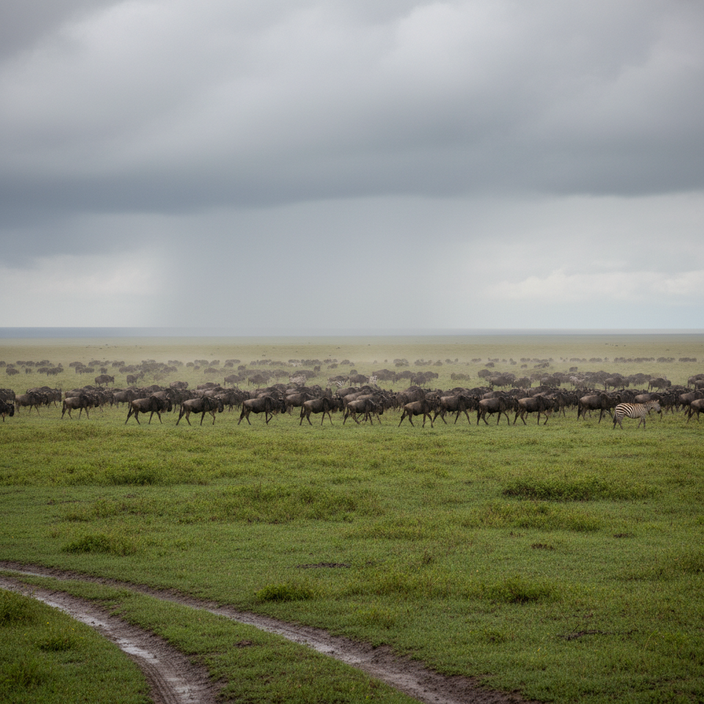 Massive wildebeest herd crossing dusty African plains, dim atmospheric light, dark dramatic sky above the migration