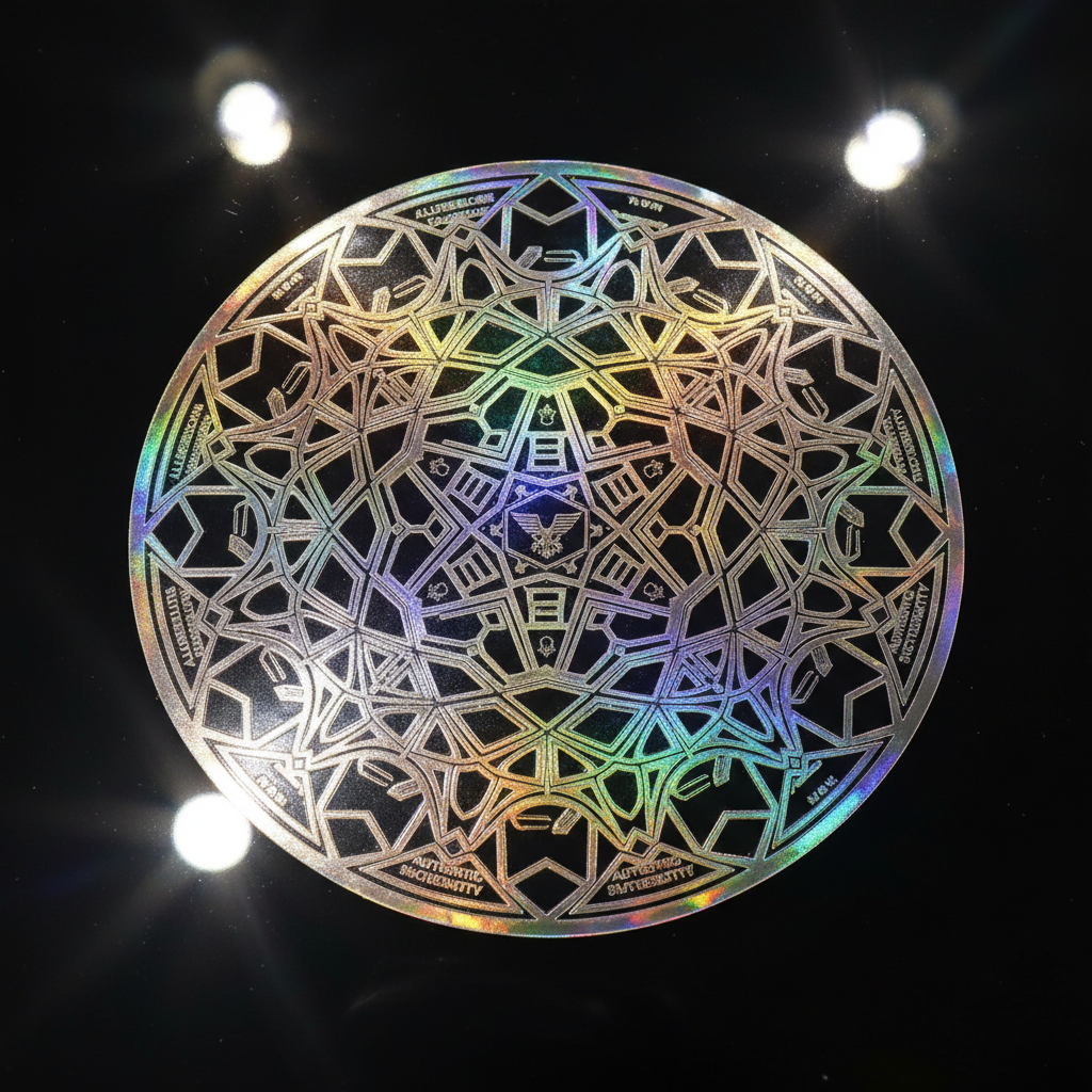 Holographic rainbow stickers arranged on dark matte black surface with soft studio lighting