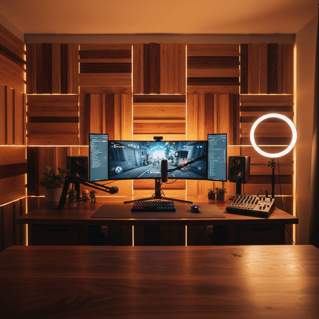 Content creator at dark studio with ring light, premium recording setup, golden accent lighting, atmospheric shadows