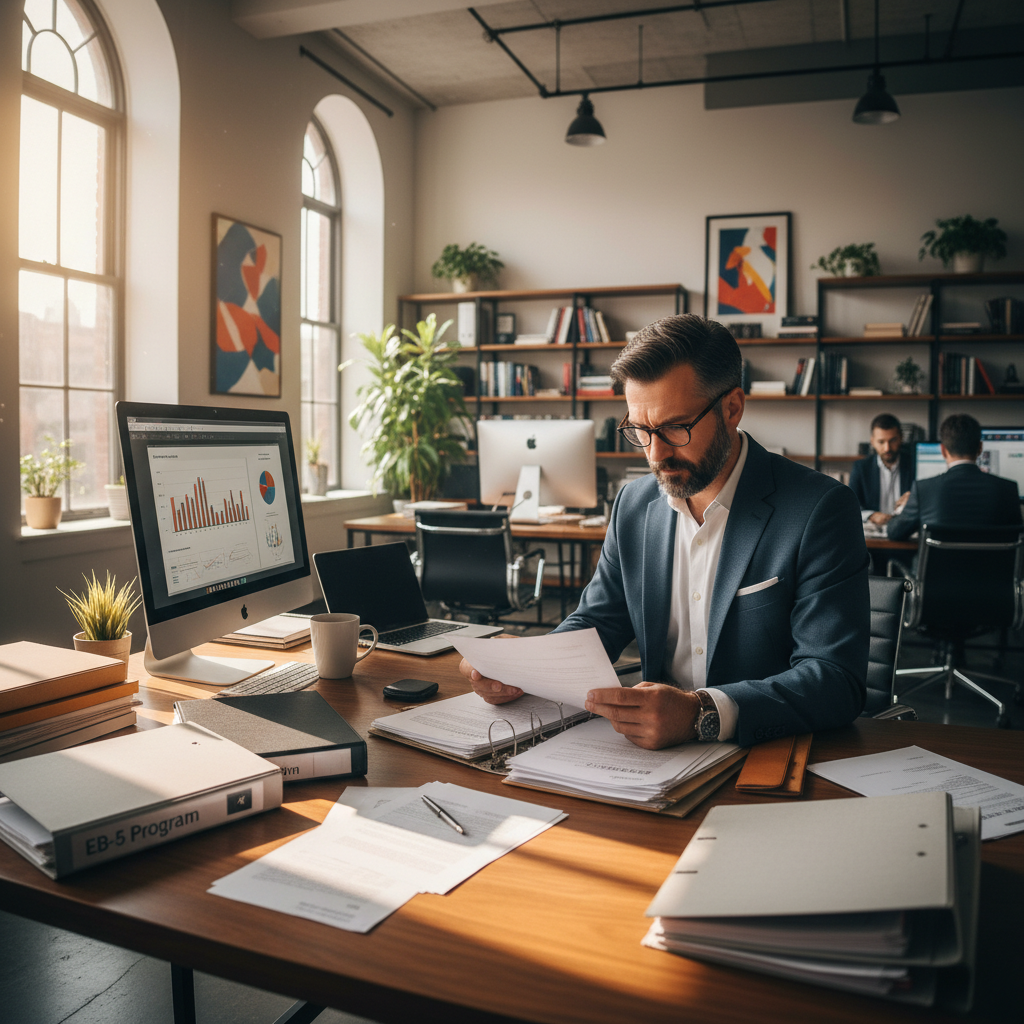 Business owner reviewing EB-5 investor visa application documents at office desk