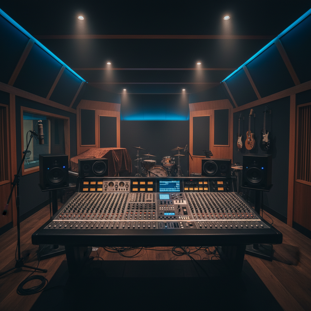 Dark cinematic recording studio with amber glow, deep shadows, moody atmospheric lighting