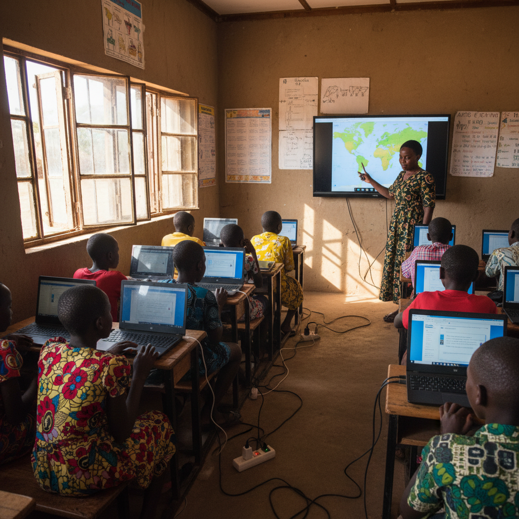 Nigerian students engaged in classroom learning with digital content displayed on screens