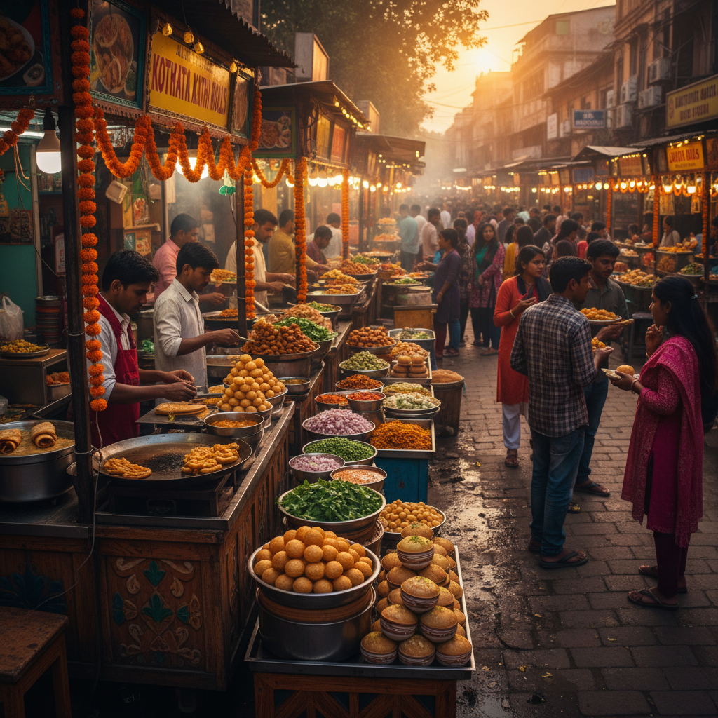 Rows of street food stalls serving kathi rolls, puchka and mishti doi at a lively Kolkata food carnival at dusk