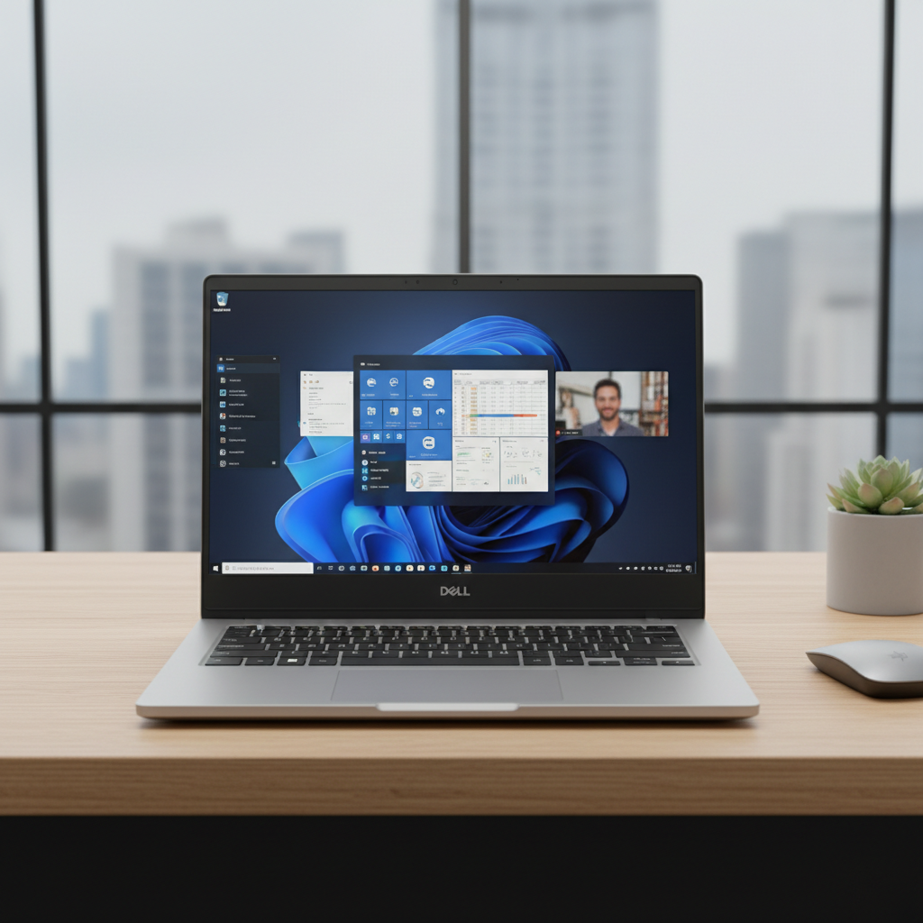 Silver Dell laptop open on white desk, bright screen showing productivity software