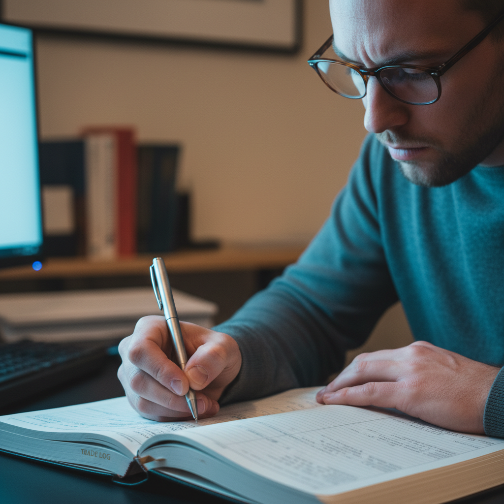 Person writing in a trade journal by screen light