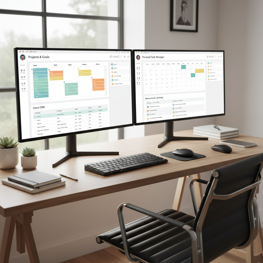 Organized Notion workspace with dark theme, tables and kanban boards visible