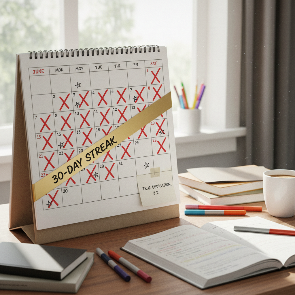 Calendar and productivity items on a desk with a laptop showing a 30-day challenge