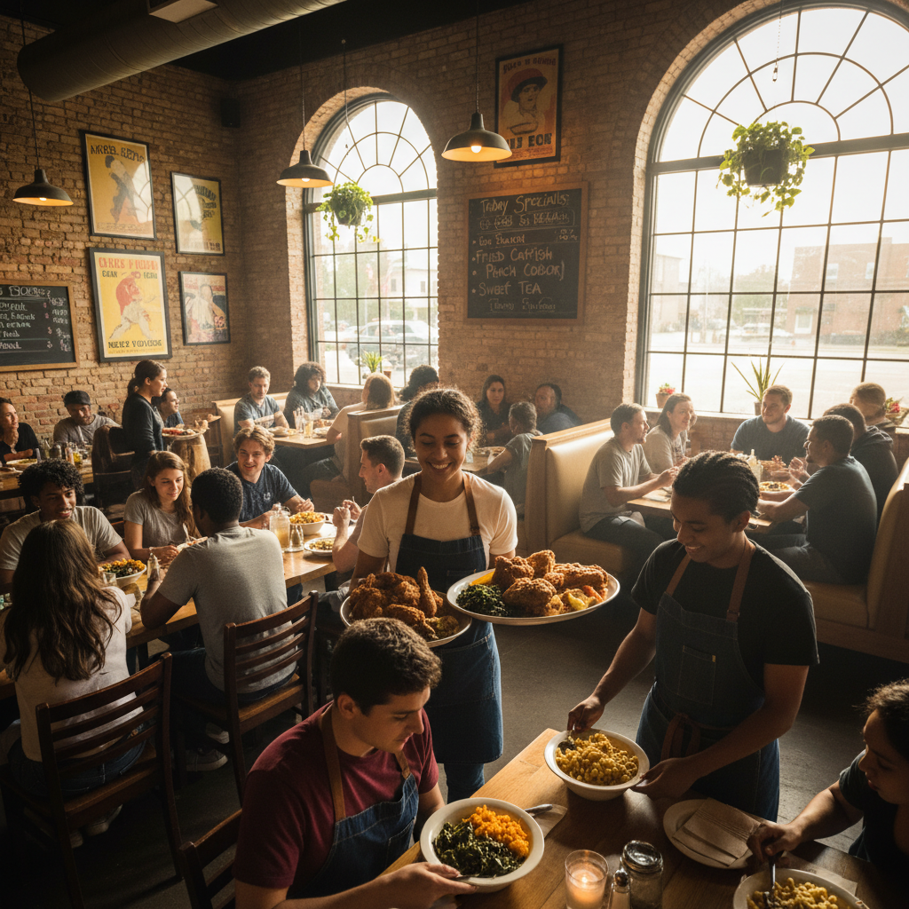 Colorful Southern soul food spread with multiple dishes on a wooden table, bright warm light, inviting atmosphere