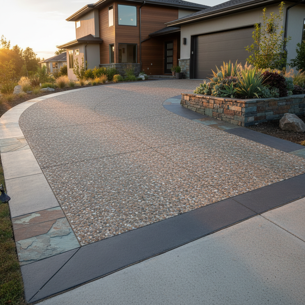 Permeable resin-bound stone driveway at Austin new construction home showing warm aggregate tones against limestone facade