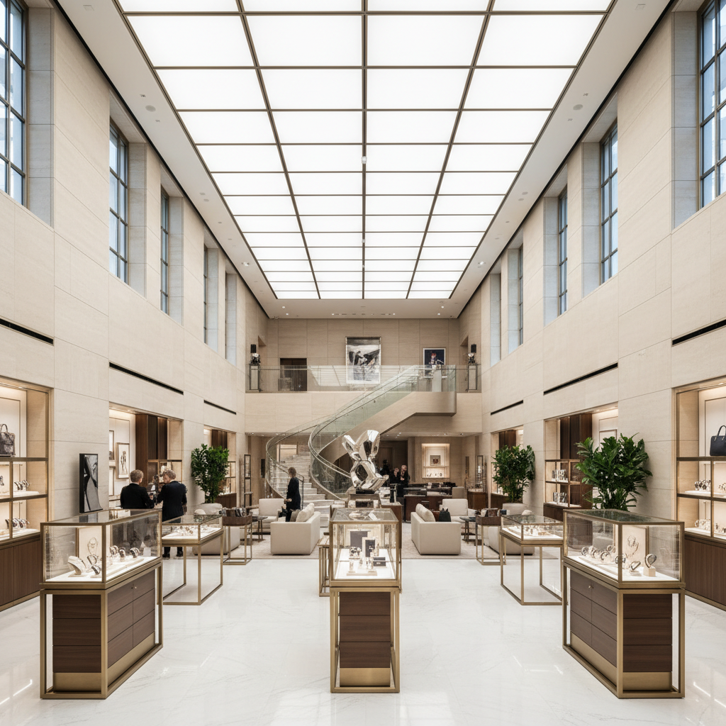 Grand flagship store interior with double-height ceilings and premium displays