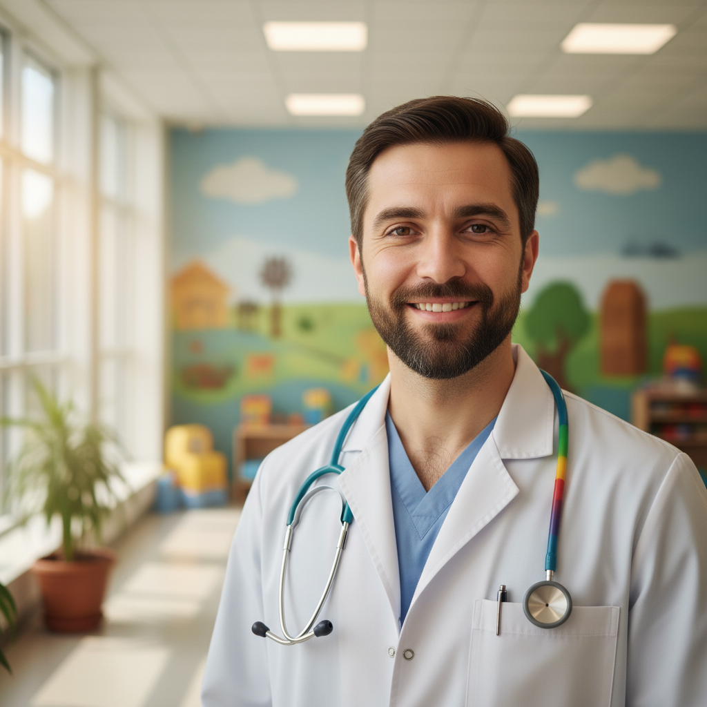 Male doctor in scrubs with a stethoscope looking at the camera with a friendly expression