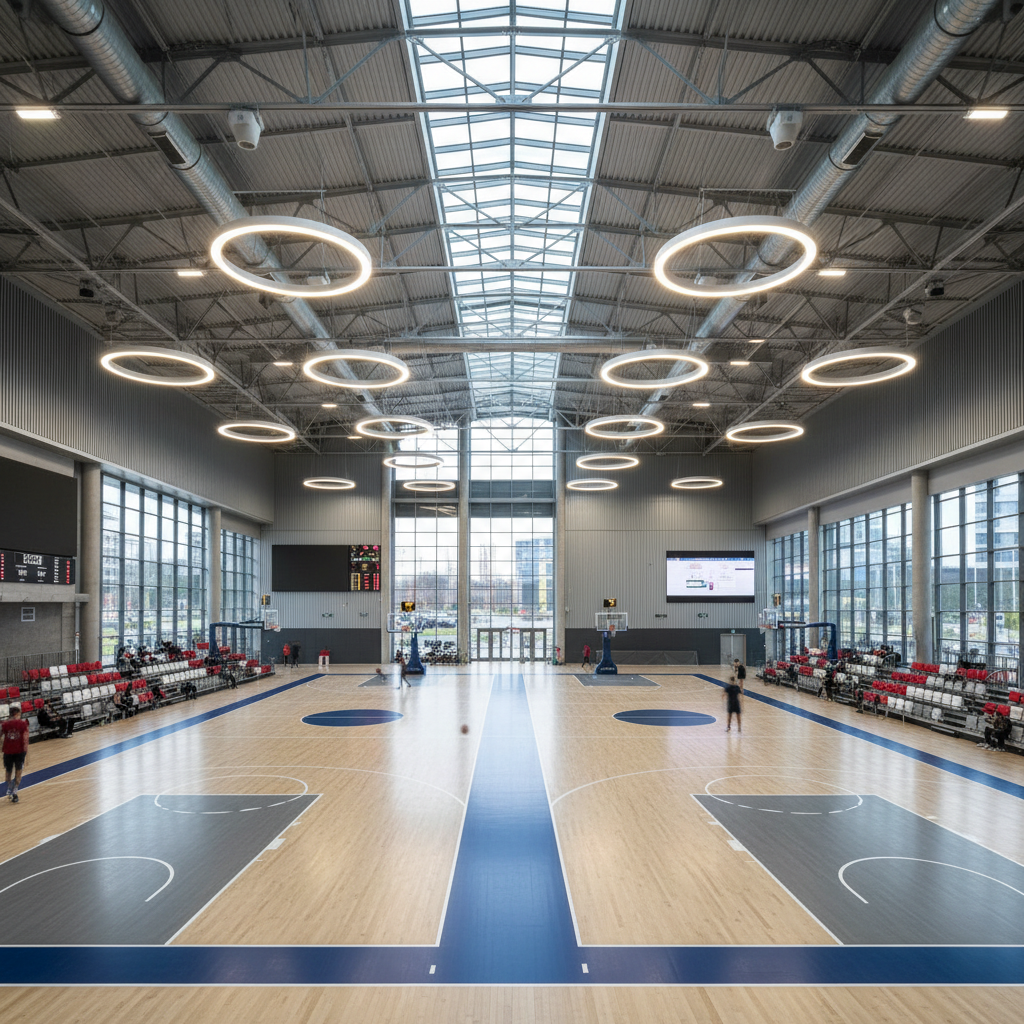 Large modern sports centre with multiple courts, professional lighting, urban environment
