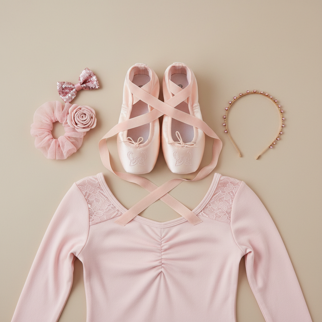 Close-up of pink ballet slippers, a leotard, and hair accessories laid out neatly