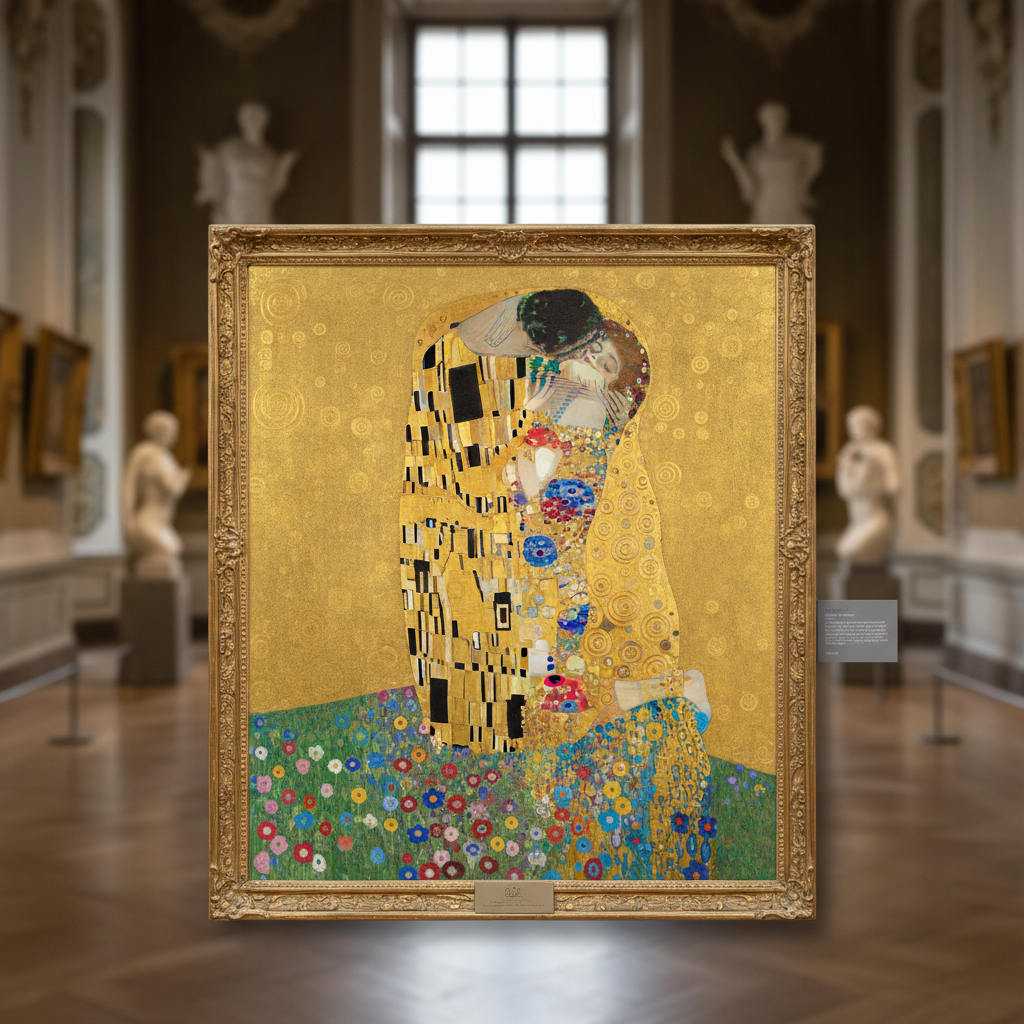 Klimt-Gemälde Der Kuss im Belvedere Wien — goldene Ornamente auf Leinwand
