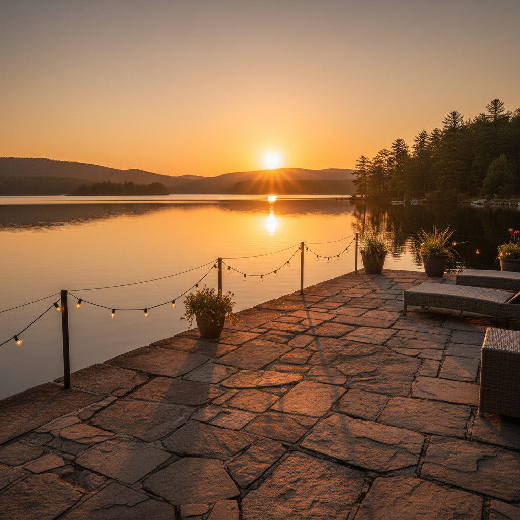 Golden hour lake reflection with stone terrace and string lights at Shoreline wedding venue