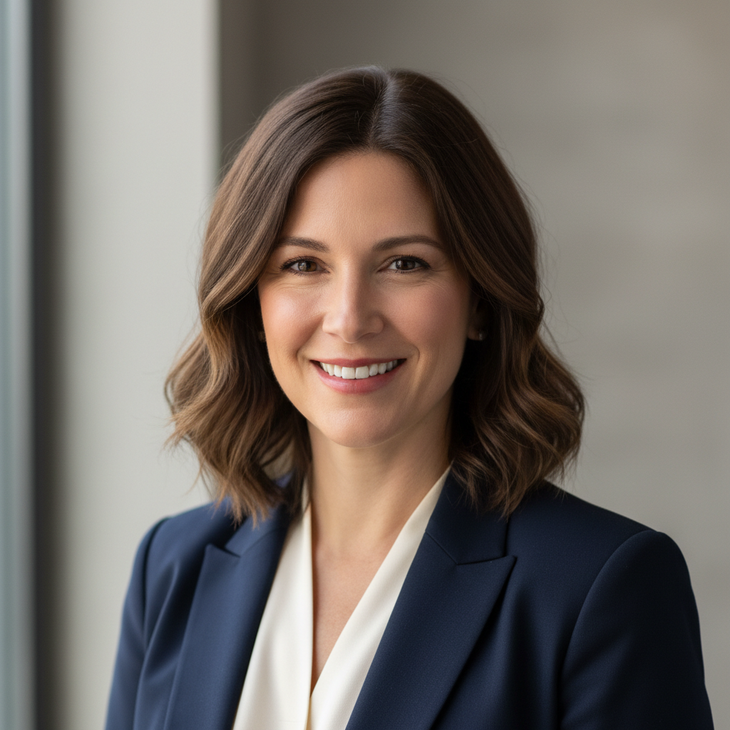 Portrait de femme européenne avec cheveux bruns, sourire professionnel, fond neutre
