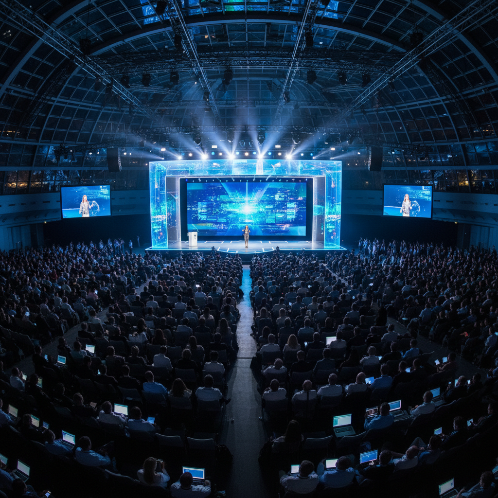 Large tech conference keynote stage with dramatic dark background, single bright spotlight, deep navy hall with rows of seated audience in dim light