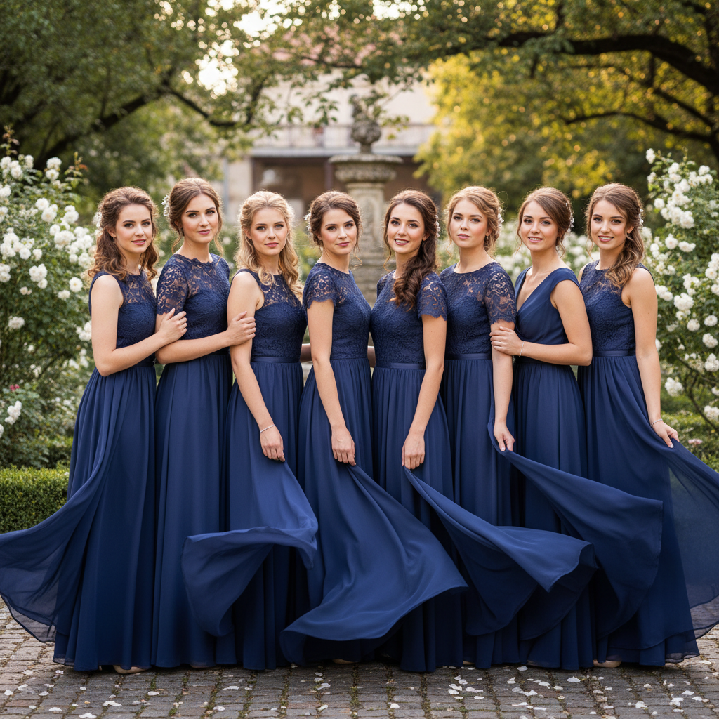 Four bridesmaids in malachite A-line dresses laughing together in garden ceremony with eucalyptus garlands