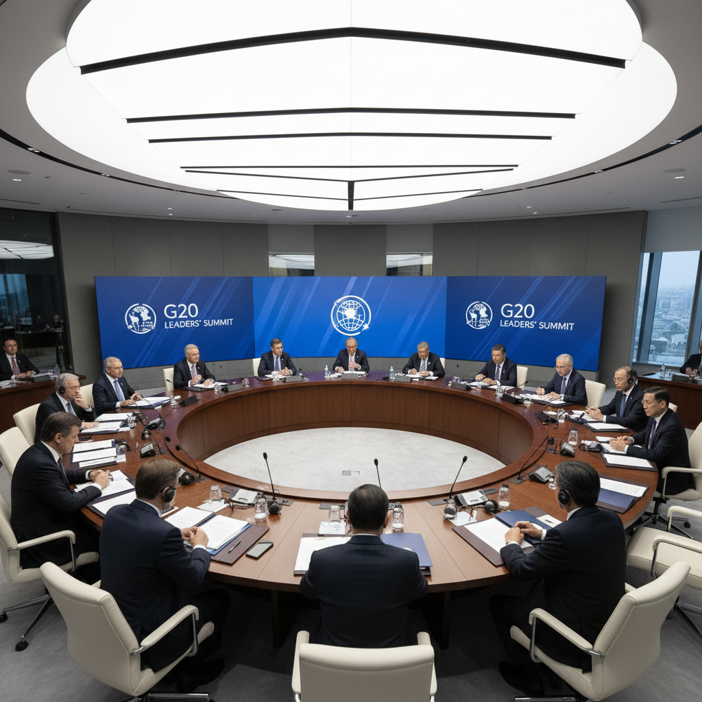 World leaders seated at G20 summit table with national flags in background