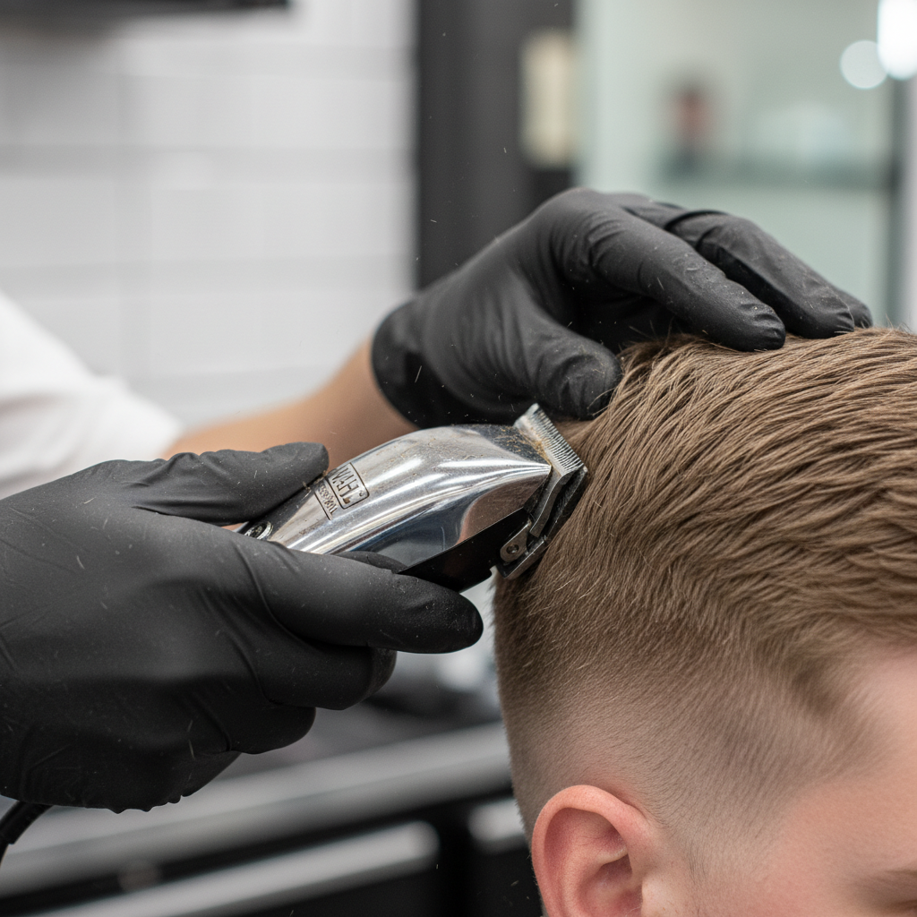 Barber executing a seamless skin fade haircut with precision clippers
