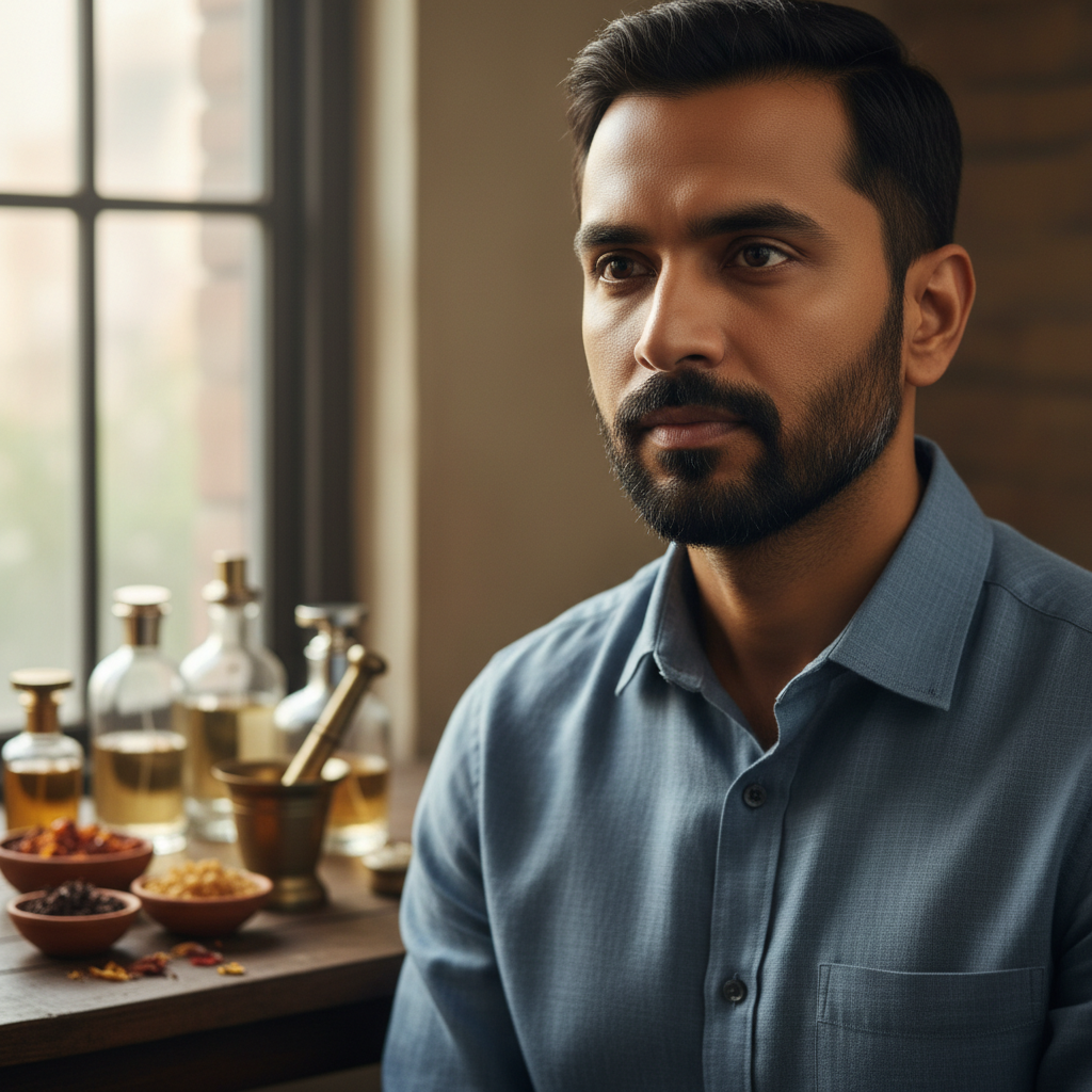 Indian man in his late 30s with a professional expression, niche perfumer from Delhi