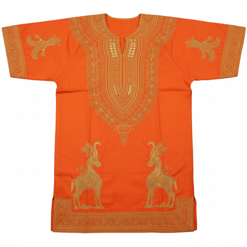 Matching Dashiki top and wide-leg trouser set in deep teal with gold embroidered neckline detail, warm earthy studio background