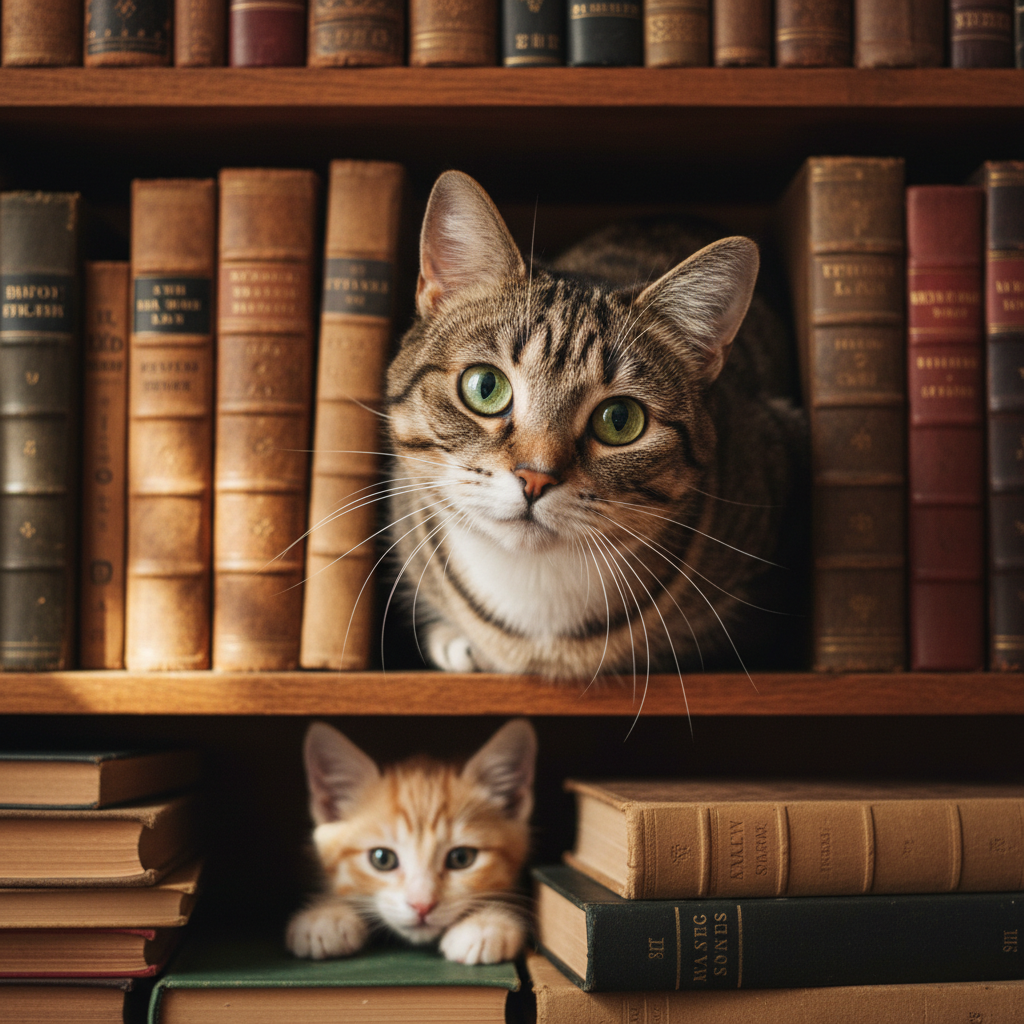 Barnaby looking directly into camera from a bookshelf while Fig peeks from below